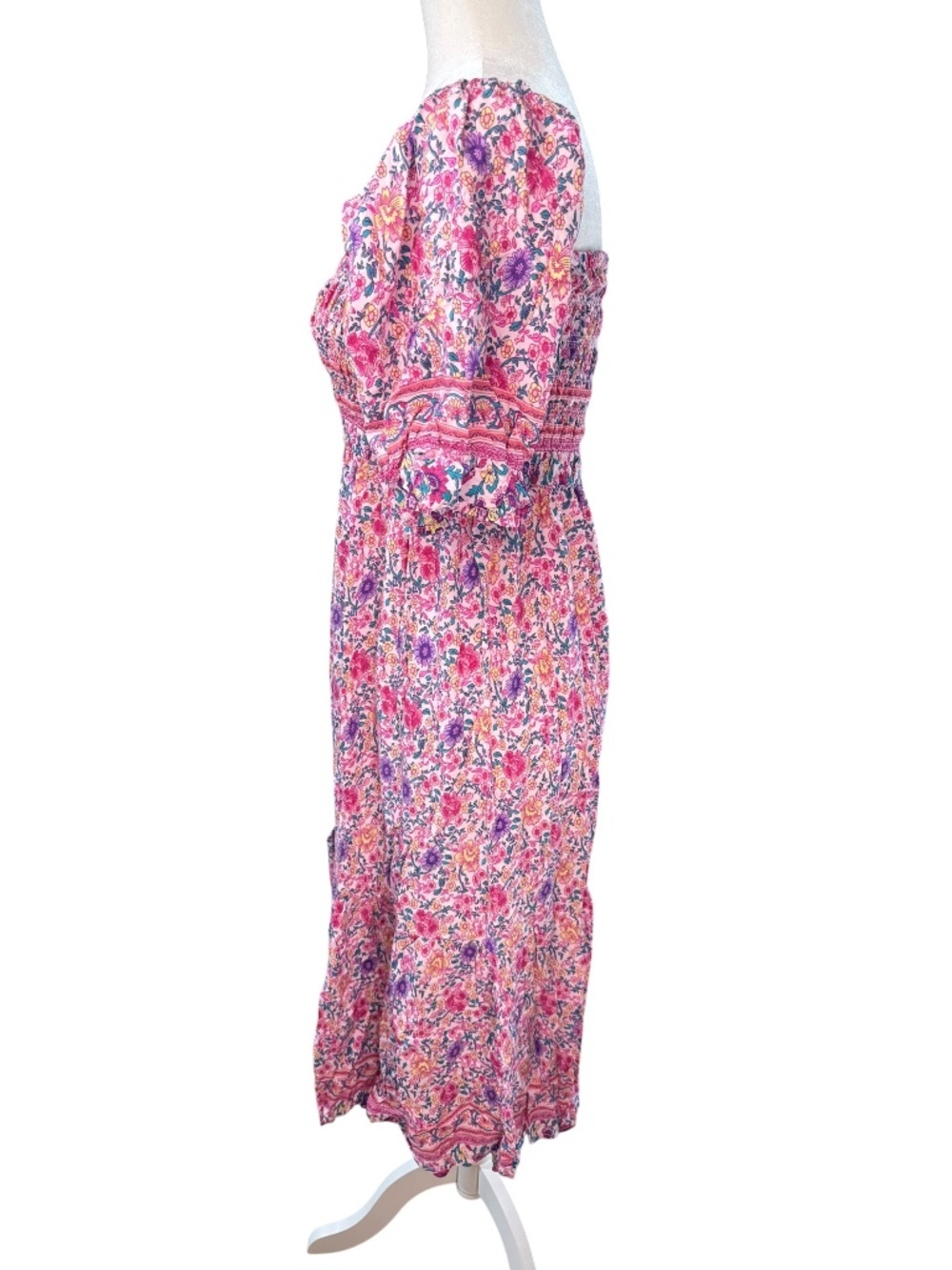 Pink Floral Smocked Puff Sleeve Midi Dress Size Large - Picture 2 of 9